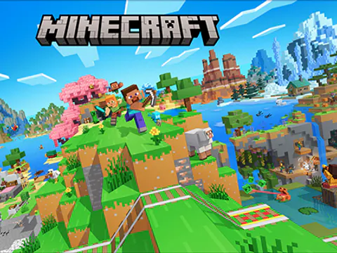 Steve and Alex exploring a colorful Minecraft world with animals and biomes