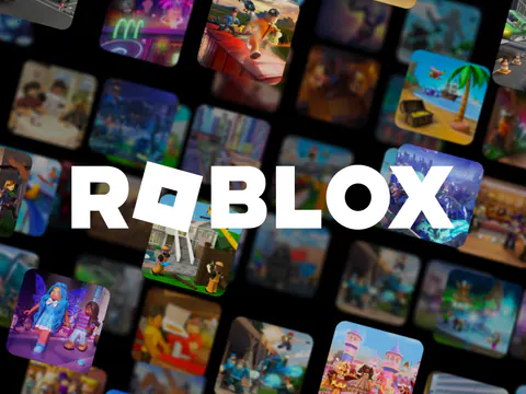 Roblox logo surrounded by a mosaic of colorful community-made experiences