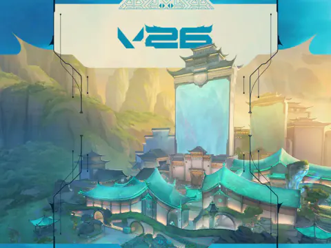Valorant tactical arena surrounded by mountains and futuristic structures